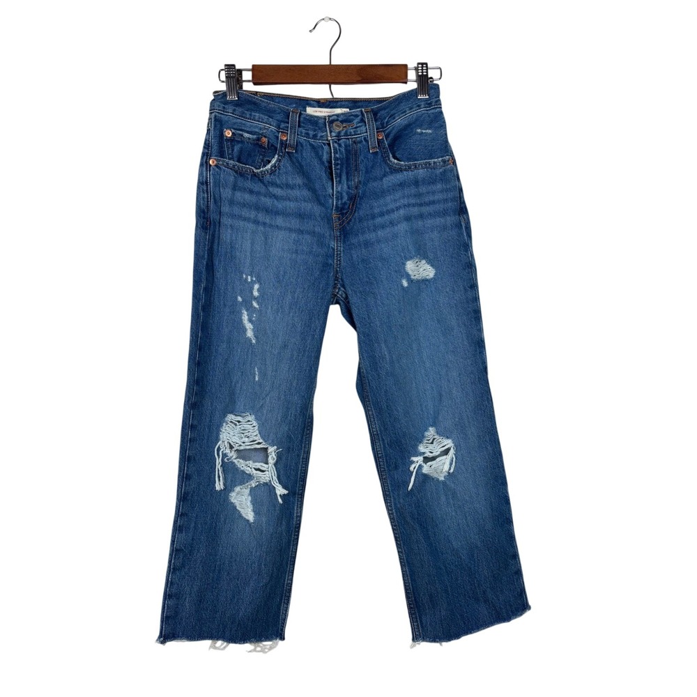 Levi's Low Pro Straight Leg Jeans Women's Size 25 Blue Distressed Ripped - Picture 1 of 16